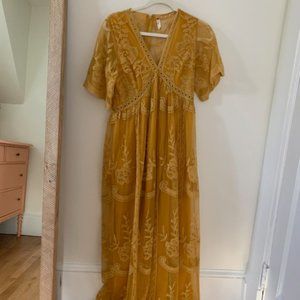 PinkBlush Mustard Lace Mesh Overlay Maternity Maxi Dress, Size Small